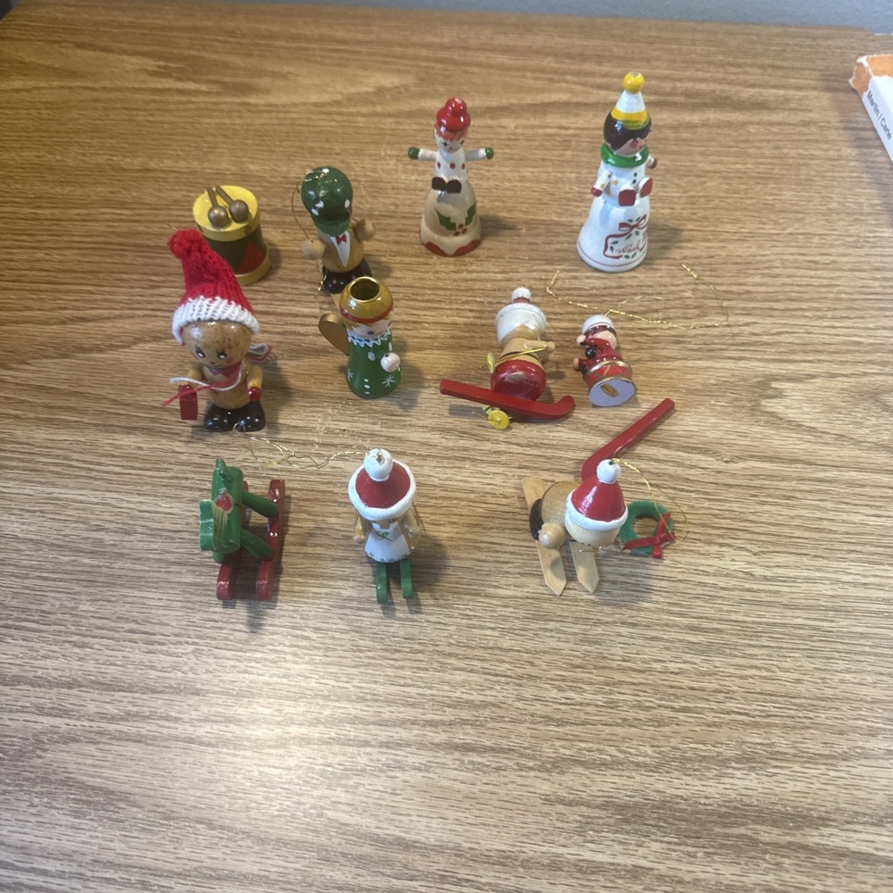 Vintage Lot Of 11 Wooden Christmas Ornaments Hand Painted Small Needs Some Tlc